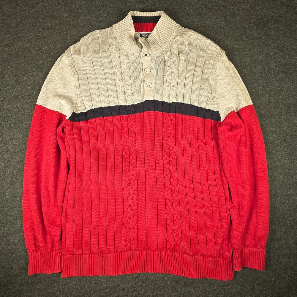 Nautica Mens Red Gray Cable Knit Ribbed Sweater Colorblock Mock Neck Size XXL